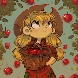 Size: 500x500 | Tagged: safe, artist:rumbletree6, derpibooru import, applejack, human, apple, apple tree, basket, cowboy hat, cute, female, food, hat, humanized, jackabetes, looking up, pigtails, solo, tree, twintails