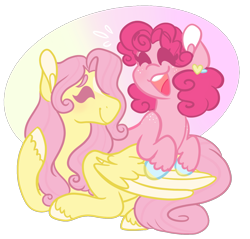 Size: 1600x1528 | Tagged: safe, artist:bubaiuv, fluttershy, pinkie pie, earth pony, pegasus, pony, female, flutterpie, laughing, lesbian, shipping, simple background, transparent background