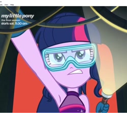 Size: 910x810 | Tagged: safe, screencap, sci-twi, twilight sparkle, better together, equestria girls, spring breakdown, armpits, cropped, flashlight (object), safety goggles, sleeveless, solo