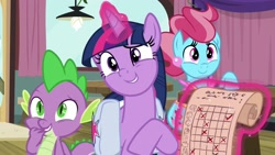 Size: 1920x1080 | Tagged: safe, screencap, cup cake, spike, twilight sparkle, twilight sparkle (alicorn), alicorn, dragon, pony, a trivial pursuit, magic, saddle bag, scroll, winged spike