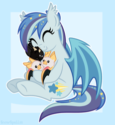 Size: 820x889 | Tagged: safe, artist:centchi, artist:dreamyeevee, derpibooru import, oc, oc:star struck, bat pony, pony, collaboration, abstract background, bat pony oc, cute, cute little fangs, ear tufts, ethereal mane, eyes closed, fangs, hug, plushie, smiling, solo, starry mane, toy