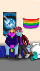 Size: 540x960 | Tagged: safe, artist:pabrony83, oc, oc:iron wingheart, oc:quasar(wingman), human, equestria girls, arm around back, beanie, bed, bedroom, blanket, clothes, comforting, commission, crying, detroit lions, detrot, equestria girls-ified, flannel shirt, gay, gay pride flag, hand on shoulder, hat, hoodie, male, pillow, plushie, poster, pride, sad, shoes, sitting, story included, teary eyes, teenager