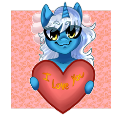 Size: 913x875 | Tagged: safe, artist:criilock, oc, oc:fleurbelle, alicorn, :3, adorabelle, adorable face, alicorn oc, bow, cute, golden eyes, hair bow, heart, hearts and hooves day, holding, smiling, smiling at you