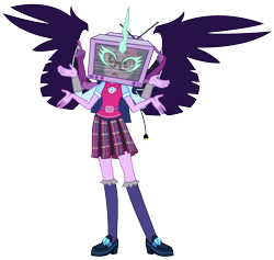 Size: 3481x3302 | Tagged: safe, artist:sketchmcreations, derpibooru import, midnight sparkle, sci-twi, twilight sparkle, equestria girls, friendship games, echo (vocaloid), multiple arms, simple background, television, transparent background, vector, vocaloid