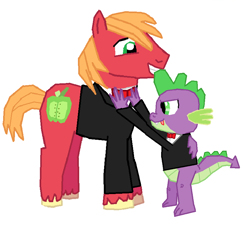 Size: 802x734 | Tagged: safe, artist:megasean45, big macintosh, spike, dragon, earth pony, pony, clothes, groom, marriage, suit, tuxedo, wedding, winged spike