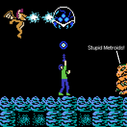 Size: 528x528 | Tagged: safe, artist:derek the metagamer, smolder, oc, oc:dirk wise, dragon, human, 8-bit, brinstar, dialogue, dragoness, female, fire, fire breath, ice beam, kraid, metroid, metroid (species), pixel art, zebes, zebeth