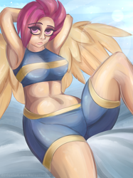 Size: 1755x2350 | Tagged: safe, artist:twiontheline, scootaloo, human, arm behind head, armpits, belly button, boobaloo, breasts, clothes, humanized, midriff, older, older scootaloo, sports bra, winged humanization, wings, workout outfit