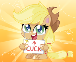 Size: 1246x1012 | Tagged: artist needed, safe, applejack, earth pony, pony, my little pony: pony life, applejack's hat, cowboy hat, crying, cuckold, female, hat, mare, op is a cuck, open mouth, pony life applejack's sign, sad, sign, smiling, solo, straw in mouth, sunburst background, unshorn fetlocks