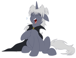 Size: 1200x920 | Tagged: safe, artist:littlehybridshila, derpibooru import, oc, oc only, oc:virmare, oc:virmir, pony, unicorn, cape, clothes, commission, digital art, eyes closed, female, laughing, mare, open mouth, simple background, solo, transparent background