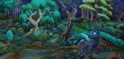 Size: 3000x1429 | Tagged: safe, artist:viwrastupr, oc, oc:nictis, changeling, fanfic:without a hive, changeling oc, fanfic, fanfic art, fanfic cover, fangs, forest, looking back, night, raised hoof, scenery, solo, tree