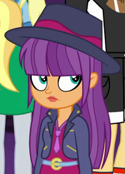 Size: 385x534 | Tagged: safe, derpibooru import, screencap, ginger owlseye, better together, equestria girls, rollercoaster of friendship, background human, clothes, cropped, cute, fedora, female, hat, jacket, necktie, owlabetes, solo focus