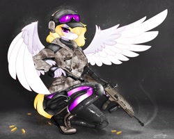 Size: 1982x1586 | Tagged: safe, artist:ark nw, derpibooru import, oc, oc only, anthro, pegasus, autograph, blonde, boots, bullet, bushmaster acr, camouflage, clothes, commission, female, gloves, goggles, gun, gun holster, handgun, hat, headset, military, military pony, military uniform, pistol, purple eyes, rainbow six siege, shirt, shoes, solo, ubisoft, uniform, weapon, wings