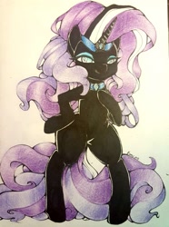 Size: 1280x1716 | Tagged: safe, artist:angelface2006, derpibooru import, nightmare rarity, anthro, unicorn, arm hooves, eyeshadow, lidded eyes, makeup, smiling, solo, traditional art