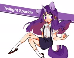 Size: 2150x1690 | Tagged: safe, artist:wiyyyyyyyy, twilight sparkle, human, clothes, cute, eared humanization, female, horn, horned humanization, humanized, open mouth, pixiv, socks, solo, suspenders, tailed humanization, twiabetes