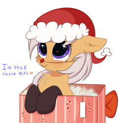 Size: 3000x3000 | Tagged: safe, artist:pesty_skillengton, derpibooru import, oc, oc only, oc:antler pone, original species, pony, antlers, blushing, box, chest fluff, christmas, clothes, cute, ear fluff, female, hat, heart, heart eyes, holiday, pesty's little gift, pony in a box, present, santa hat, simple background, socks, solo, wingding eyes, ych result