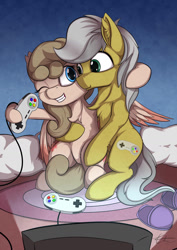 Size: 1280x1811 | Tagged: safe, artist:calena, derpibooru import, oc, oc only, oc:may blossom, oc:quick silver, earth pony, pegasus, pony, carpet, controller, girlfriend, hug, pillow, playing, simple background, snes controller, super nintendo, television, video game