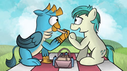 Size: 1915x1069 | Tagged: safe, artist:nightfueled, gallus, sandbar, griffon, pony, basket, bread, food, gallbar, gay, male, picnic, picnic basket, picnic blanket, shipping