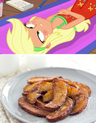 Size: 749x960 | Tagged: safe, screencap, applejack, better together, equestria girls, i'm on a yacht, apple fries, comparison trolling, context is for the weak, fried apples, sunburn, wrong aspect ratio