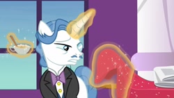 Size: 1920x1080 | Tagged: safe, screencap, fancypants, pony, unicorn, between dark and dawn, cup, magic, male, newspaper, solo, stallion, tablecloth, teacup