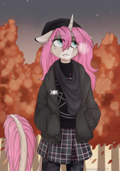 Size: 1472x2100 | Tagged: safe, artist:lonerdemiurge_nail, derpibooru import, oc, oc only, oc:tarot, anthro, classical unicorn, unicorn, autumn, beanie, clothes, cloven hooves, curved horn, cute, digital art, dusk, ear piercing, female, floppy ears, freckles, hat, horn, leggings, leonine tail, long mane, long tail, looking up, mare, palomino, pentagram, piercing, pink mane, plaid skirt, pleated skirt, scarf, skirt, solo, stars, tree, unshorn fetlocks, ych result