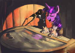 Size: 1600x1131 | Tagged: safe, artist:toisanemoif, derpibooru import, twilight sparkle, microphone, music notes, piano, singing, solo, spotlight, stage, wat