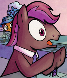 Size: 685x800 | Tagged: safe, idw, earth pony, pony, unicorn, spoiler:comic, spoiler:comic22, glasses, hat, necktie