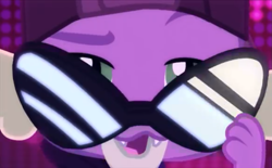 Size: 1165x720 | Tagged: safe, screencap, spike, spike the regular dog, dog, better together, equestria girls, i'm on a yacht, cap, close-up, glasses, hat, male, neon eg logo, paws, rapper spike, sunglasses