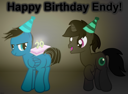 Size: 3529x2590 | Tagged: safe, artist:agkandphotomaker2000, oc, oc:endy, oc:pony video maker, pegasus, pony, unicorn, birthday, birthday cake, birthday card, butt, cake, candle, food, hat, party hat