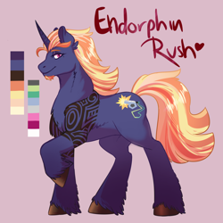 Size: 1200x1200 | Tagged: safe, artist:lionheartlullabye, derpibooru import, oc, oc:endorphin rush, pony, unicorn, chest fluff, ear fluff, facial hair, fluffy, goatee, heart, leg fluff, lidded eyes, looking at you, magical lesbian spawn, male, neck fluff, offspring, parent:sassy saddles, parent:whoa nelly, pink background, raised hoof, shoulder fluff, simple background, solo, stallion, tattoo, unshorn fetlocks