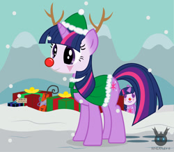 Size: 1418x1241 | Tagged: safe, artist:wheatley r.h., derpibooru exclusive, oc, oc only, oc:twi clown, original species, unicorn, birthday gift, christmas, clone, clothes, clown makeup, clown nose, dynamite, explosives, gift box, hat, holiday, mountain, plush pony, plushie, rudolph the red nosed reindeer, snow, snowfall, solo, vector, watermark