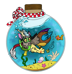 Size: 2336x2398 | Tagged: safe, artist:glitterstar2000, derpibooru import, discord, draconequus, fish, bottle, clam, implied dislestia, implied princess celestia, implied shipping, implied straight, jewelry, necklace, pearl, reaching, seaweed, simple background, snorkel, solo, transparent background, underwater