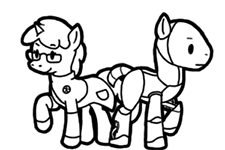 Size: 225x150 | Tagged: safe, artist:crazyperson, derpibooru import, pony, robot, robot pony, unicorn, fallout equestria, fallout equestria: commonwealth, black and white, clothes, duo, fanfic art, generic pony, glasses, grayscale, monochrome, picture for breezies, raised hoof, simple background, synth, the institute, transparent background