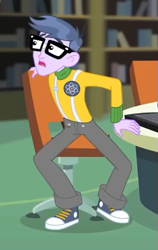 Size: 333x526 | Tagged: safe, screencap, microchips, better together, equestria girls, forgotten friendship, clothes, converse, cropped, glasses, pants, shocked, shoes, sneakers