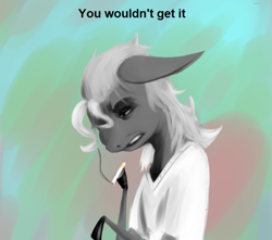 Size: 664x586 | Tagged: safe, artist:anonymous, earth pony, pony, /mlp/, 4chan, abstract background, cigarette, drawthread, meme, ponified, ponified meme, solo, text, the joker