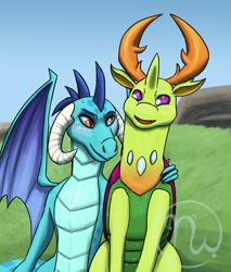 Size: 1700x2000 | Tagged: safe, artist:azurllinate, dragon lord ember, princess ember, thorax, changedling, changeling, dragon, arm around back, blushing, couple, embrax, female, happy, hill, horns, interspecies, interspecies love, king thorax, looking at each other, male, mixed feelings, orange eyes, purple eyes, rock, royalty, shipping, sky, smiling, straight, wings