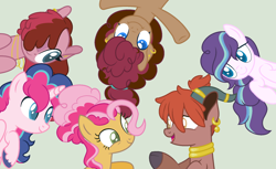 Size: 1980x1212 | Tagged: safe, artist:justanotherfan-trash, oc, oc only, oc:candy shield, oc:jack, oc:molly, oc:party cheese, oc:penelope, oc:rock candy, earth pony, hybrid, original species, pony, unicorn, brother and sister, cloven hooves, ear piercing, earring, female, green background, hair over one eye, half-siblings, interspecies offspring, jewelry, male, offspring, on back, parent:cheese sandwich, parent:pinkie pie, parent:prince rutherford, parent:shining armor, parents:cheesepie, parents:pinkieford, parents:shiningpie, piercing, siblings, simple background, sisters, yakony