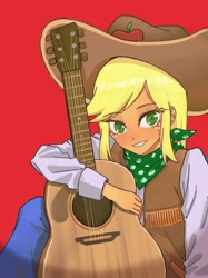 Size: 2048x2732 | Tagged: safe, artist:nanjun404, applejack, better together, equestria girls, five to nine, bandana, beautiful, clothes, cowboy hat, cowgirl, cute, female, guitar, hat, high res, jackabetes, jeans, musical instrument, pants, pixiv, red background, simple background, sitting, smiling, solo