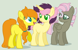 Size: 1023x669 | Tagged: safe, artist:justanotherfan-trash, oc, oc only, oc:golden butterfly, oc:sweet feather, oc:writter, earth pony, pegasus, pony, unicorn, female, green background, half-siblings, mare, offspring, parent:big macintosh, parent:fluttershy, parent:thunderlane, parent:written script, parents:fluttermac, parents:flutterscript, parents:thundershy, siblings, simple background, sisters, trio