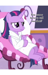 Size: 1966x3072 | Tagged: safe, derpibooru import, edit, edited screencap, screencap, twilight sparkle, twilight sparkle (alicorn), alicorn, pony, rarity's biggest fan, bathrobe, caption, clothes, cropped, dank memes, image macro, robe, solo, spa, text