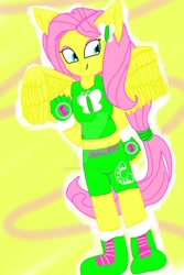 Size: 600x900 | Tagged: safe, artist:sa-titleofmystic, fluttershy, equestria girls, belly button, clothes, exeron fighters, exeron gloves, exeron outfit, midriff, ponied up, shorts, tanktop, watermark