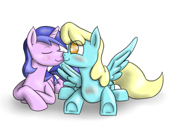 Size: 2600x2073 | Tagged: safe, artist:timsplosion, derpibooru import, sassaflash, sea swirl, seafoam, pegasus, pony, unicorn, background pony, blushing, commission, eyes closed, female, kissing, lesbian, mare, sassaswirl, shipping, simple background, transparent background