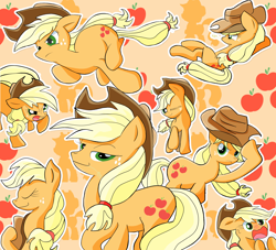 Size: 4400x4000 | Tagged: safe, artist:j5ajj, derpibooru import, applejack, earth pony, pony, absurd resolution, apple, cowboy hat, cute, cutie mark, female, food, hat, hoof hold, jackabetes, jackletree, looking at you, mare, multeity, one eye closed, open mouth, pixiv, solo, straw in mouth, wink