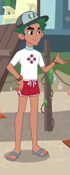 Size: 277x683 | Tagged: safe, derpibooru import, screencap, timber spruce, better together, equestria girls, turf war, clothes, cropped, feet, legs, lifeguard, lifeguard timber, male, male feet, sandals, shorts, smiling