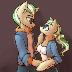 Size: 2048x2048 | Tagged: safe, artist:earthpone, oc, oc only, oc:enigma, oc:enigmare, anthro, earth pony, arm hooves, breasts, clone, clothes, eye contact, female, glasses, implied selfcest, jacket, looking at each other, love, male, mare, ponytail, romantic, rule 63, self ponidox, sensual, shipping, stallion, waist up