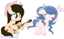 Size: 1171x707 | Tagged: safe, artist:amgiwolf, oc, oc only, oc:huny, oc:sparkdust knight, earth pony, pony, base used, duo, female, filly, guitar, musical instrument, simple background, transparent background