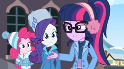 Size: 1600x900 | Tagged: safe, screencap, pinkie pie, rarity, sci-twi, twilight sparkle, equestria girls, equestria girls series, holidays unwrapped, spoiler:eqg series (season 2), clothes, coat, earmuffs, glasses, hat, house, jacket, ponytail, toque, ushanka, window, winter outfit