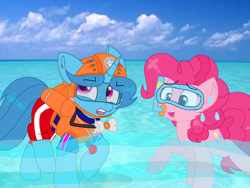 Size: 1440x1080 | Tagged: safe, artist:rainbow eevee edits, artist:徐詩珮, pinkie pie, spring rain, earth pony, pony, unicorn, series:sprglitemplight diary, series:sprglitemplight life jacket days, series:springshadowdrops diary, series:springshadowdrops life jacket days, alternate universe, clothes, cute, diapinkes, female, lifeguard, lifeguard spring rain, mare, paw patrol, spring rain is not amused, swimsuit, unamused