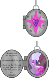 Size: 5044x7971 | Tagged: safe, artist:ejlightning007arts, tempest shadow, twilight sparkle, twilight sparkle (alicorn), alicorn, pony, female, flower, heart, jewelry, kiss on the cheek, kissing, lesbian, locket, moon, necklace, shipping, simple background, stars, tempestlight, transparent background, vector