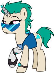 Size: 2000x2714 | Tagged: safe, artist:lambyarts, oc, oc only, oc:hack tool, cyborg, pony, unicorn, amputee, broken horn, clothes, cyberpunk, cyborg pony, ear fluff, ear piercing, earpiece, earring, female, horn, jacket, jewelry, leather jacket, mare, piercing, prosthetic horn, prosthetic limb, prosthetics, raised hoof, simple background, solo, sunglasses, tanktop, transparent background, watch