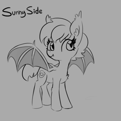 Size: 1080x1080 | Tagged: safe, artist:tjpones, oc, oc only, oc:over easy, bat pony, pony, bat pony oc, chest fluff, ear fluff, female, gray background, grayscale, mare, monochrome, simple background, smiling, solo, spread wings, wings